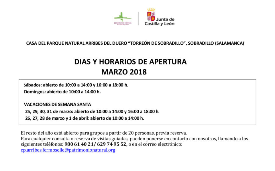 Horarios de marzo 2018 para el Torreón de Sobradillo