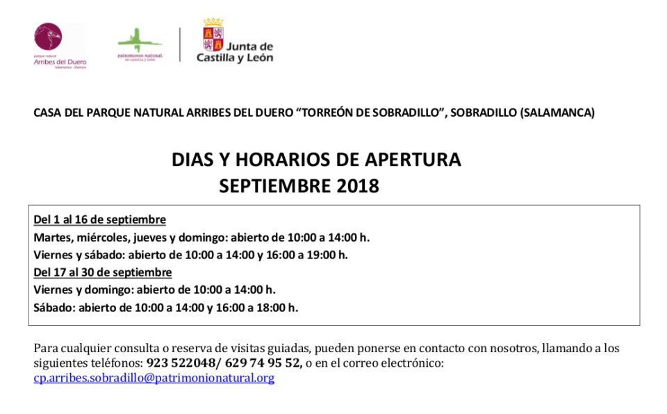 Horarios de septiembre (2018) para el Torreón de Sobradillo