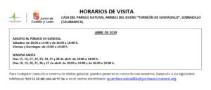 Horarios de abril (2019) para el Torreón de Sobradillo