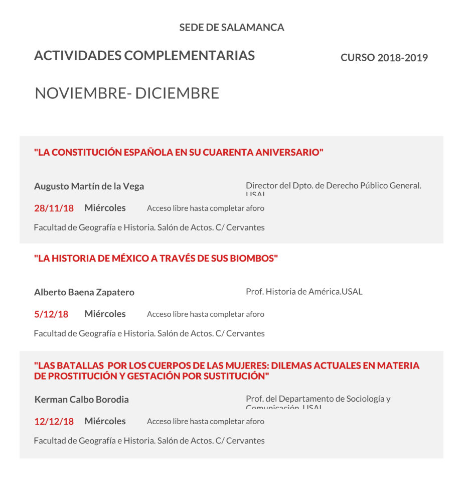 Facultad de Geografía e Historia Universidad de la Experiencia Salamanca Noviembre diciembre 2018