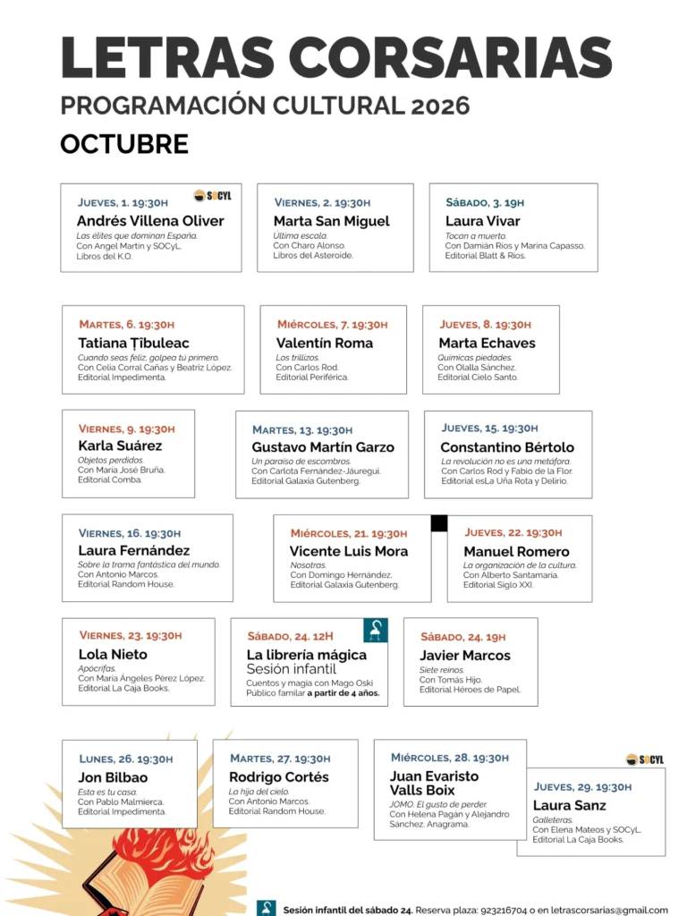 Programación Cultural en Letras Corsarias Salamanca octubre 2026
