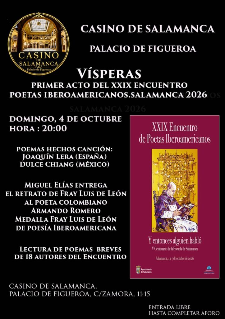 XXIX Encuentro de Poetas Iberoamericanos en el Casino de Salamanca octubre 2026